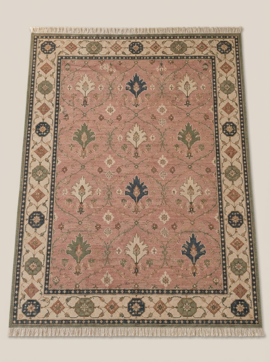 Blush Pink Palmette Hand Knotted Wool Rug, Floral Ogee Lattice Ivory Border