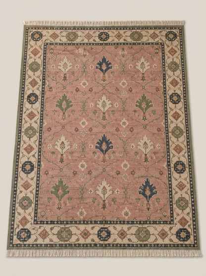 Blush Pink Palmette Hand Knotted Wool Rug, Floral Ogee Lattice Ivory Border