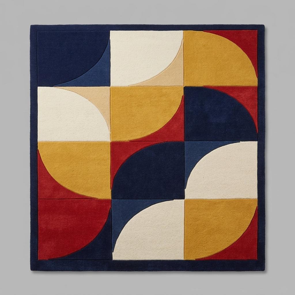 Geometric wool rug with navy, red, mustard and ivory quarter circles, framed by a solid navy border; Handmade Retro Rug.