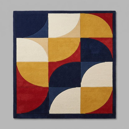 Geometric wool rug with navy, red, mustard and ivory quarter circles, framed by a solid navy border; Handmade Retro Rug.