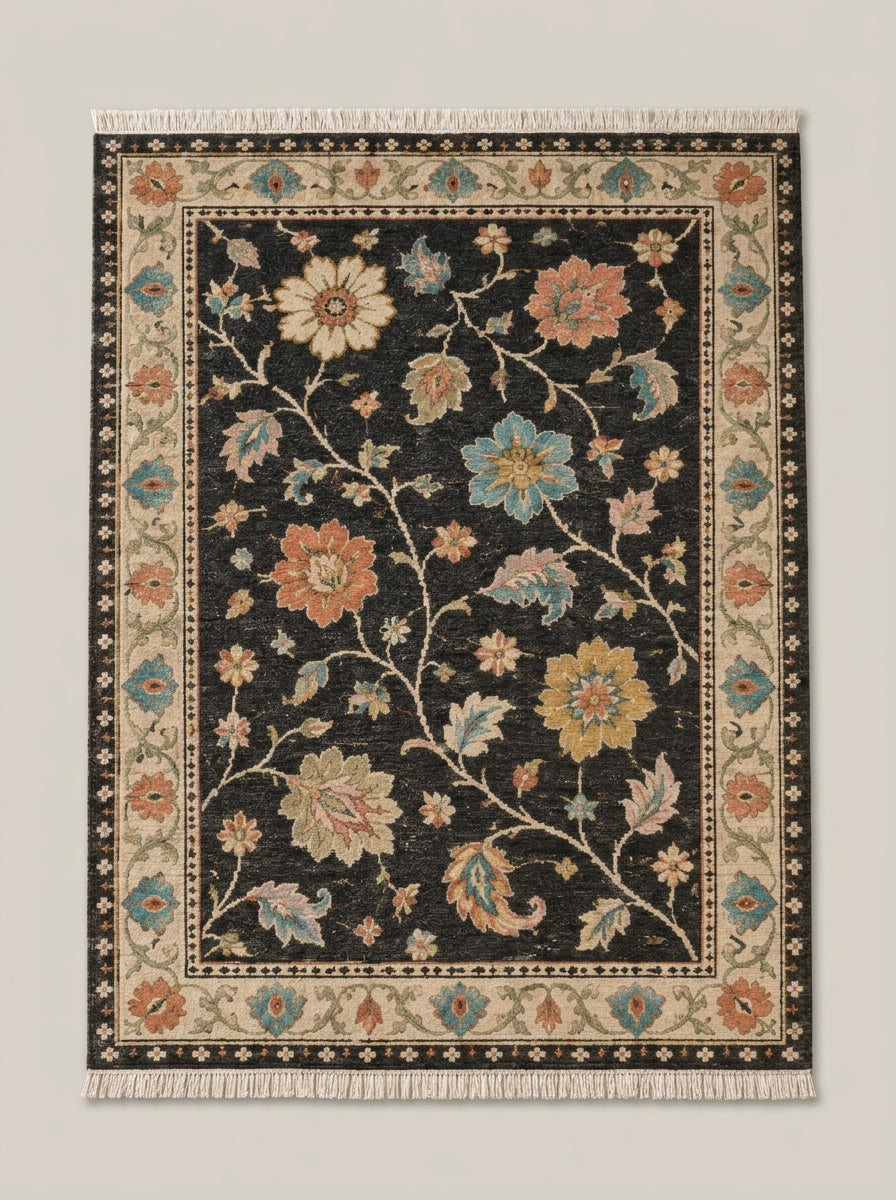 Charcoal Black Floral Hand Knotted Wool Rug, Oushak Style Ivory Border