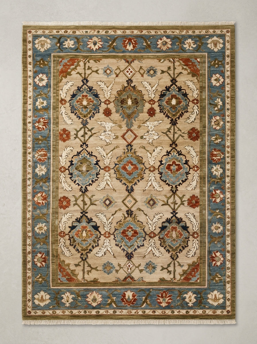 Oushak Hand Knotted Rug in camel beige wool, with a floral lattice, slate blue border and short fringe.