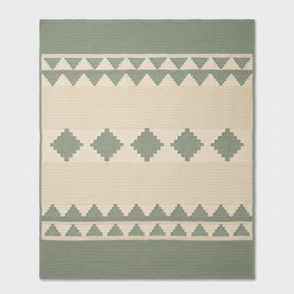 Southwestern Flatweave Wool Rug in sage green and cream, with ribbed texture, stepped triangles and diamond bands.