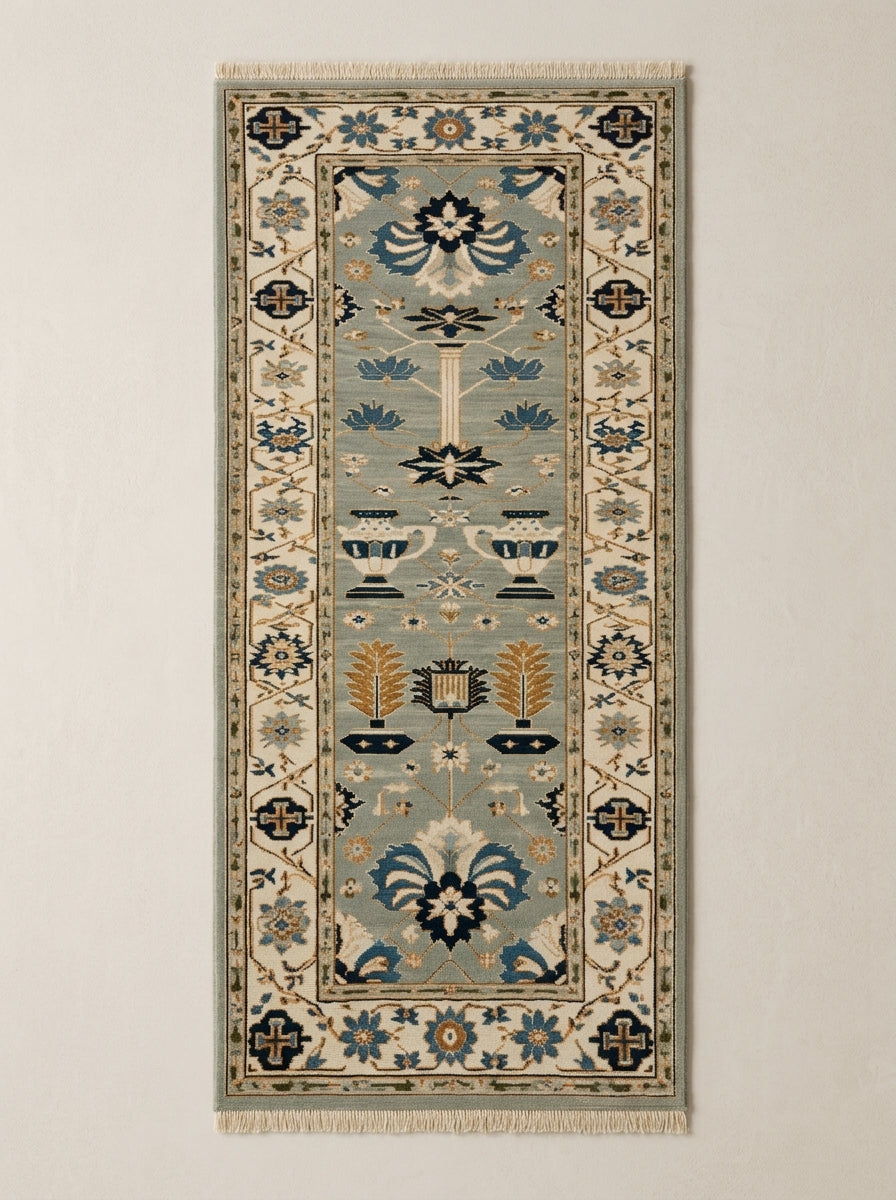 Hand Knotted Oushak Runner Rug in soft blue wool, with ivory floral borders, navy and copper garden motifs, and fringe.