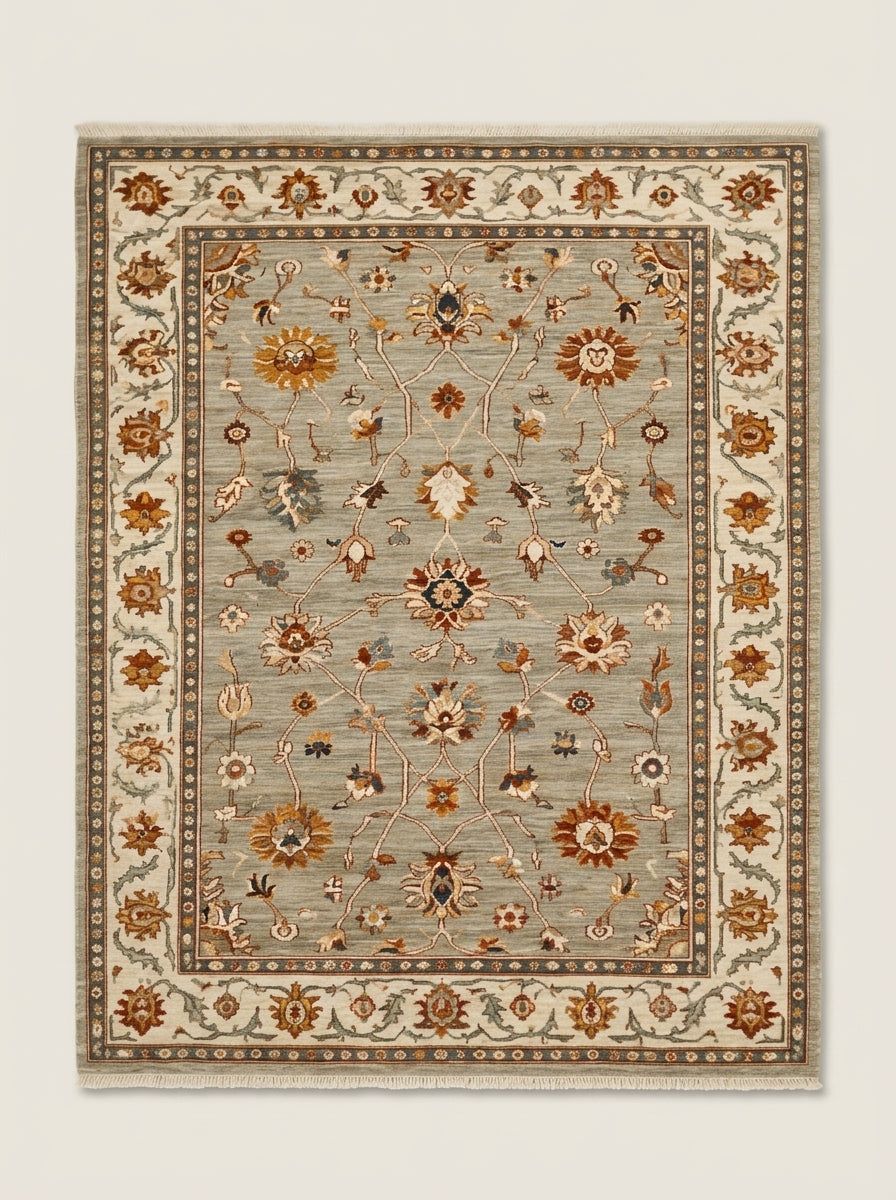Oushak Hand Knotted Rug in sage gray wool, with rust and gold floral vines and a wide ivory patterned border.
