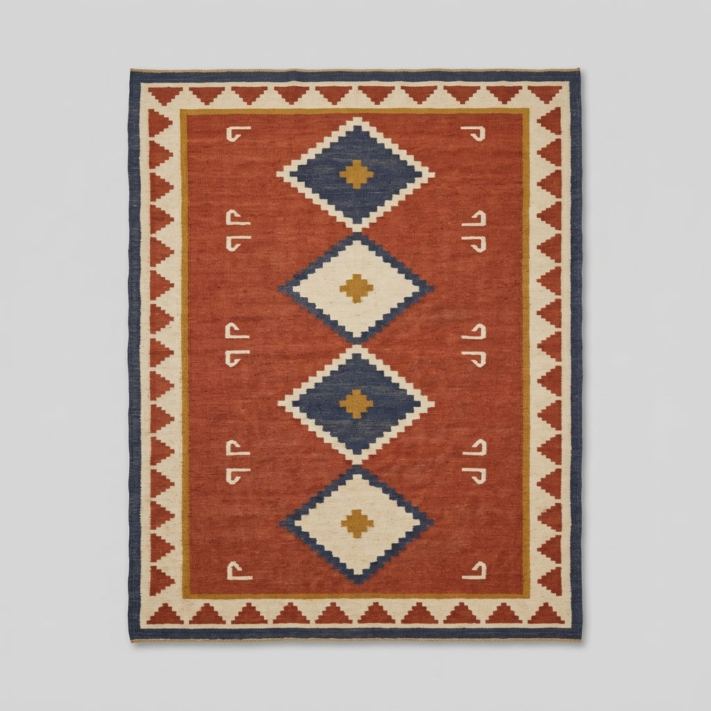 Southwestern Flatweave Wool Rug in rust red with navy, ivory and mustard stepped diamonds, hook motifs and triangle border.