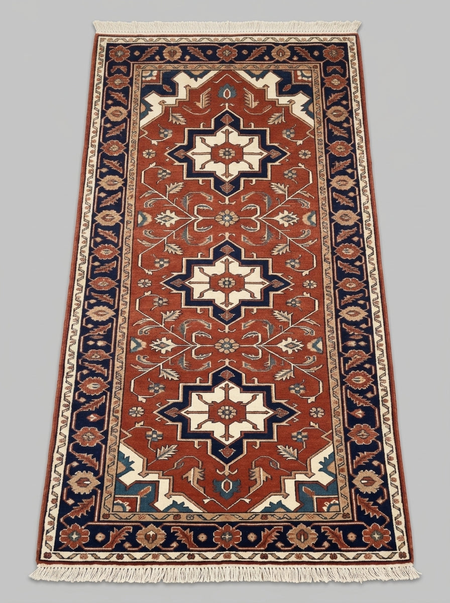 Hand Knotted Oushak Runner Rug in rust red wool with ivory geometric medallions, floral vines, navy border and fringe.