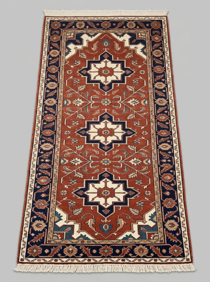 Hand Knotted Oushak Runner Rug in rust red wool with ivory geometric medallions, floral vines, navy border and fringe.