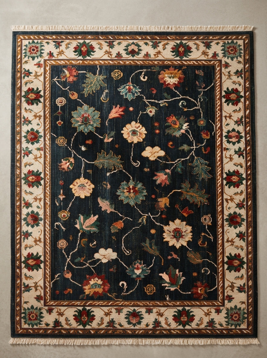 Oushak Hand Knotted Rug in deep midnight blue wool, with scattered multicolour florals, ivory palmette border and fringe.