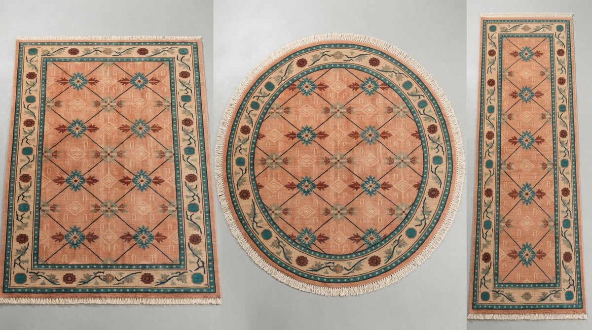Terracotta Teal Trellis Hand Knotted Wool Area Rug with terracotta field, teal medallions, ivory floral border, and fringe.