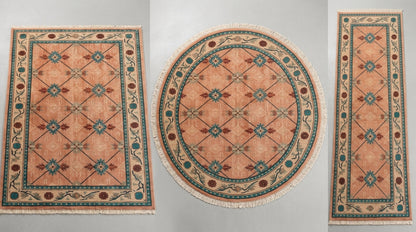 Terracotta Teal Trellis Hand Knotted Wool Area Rug with terracotta field, teal medallions, ivory floral border, and fringe.