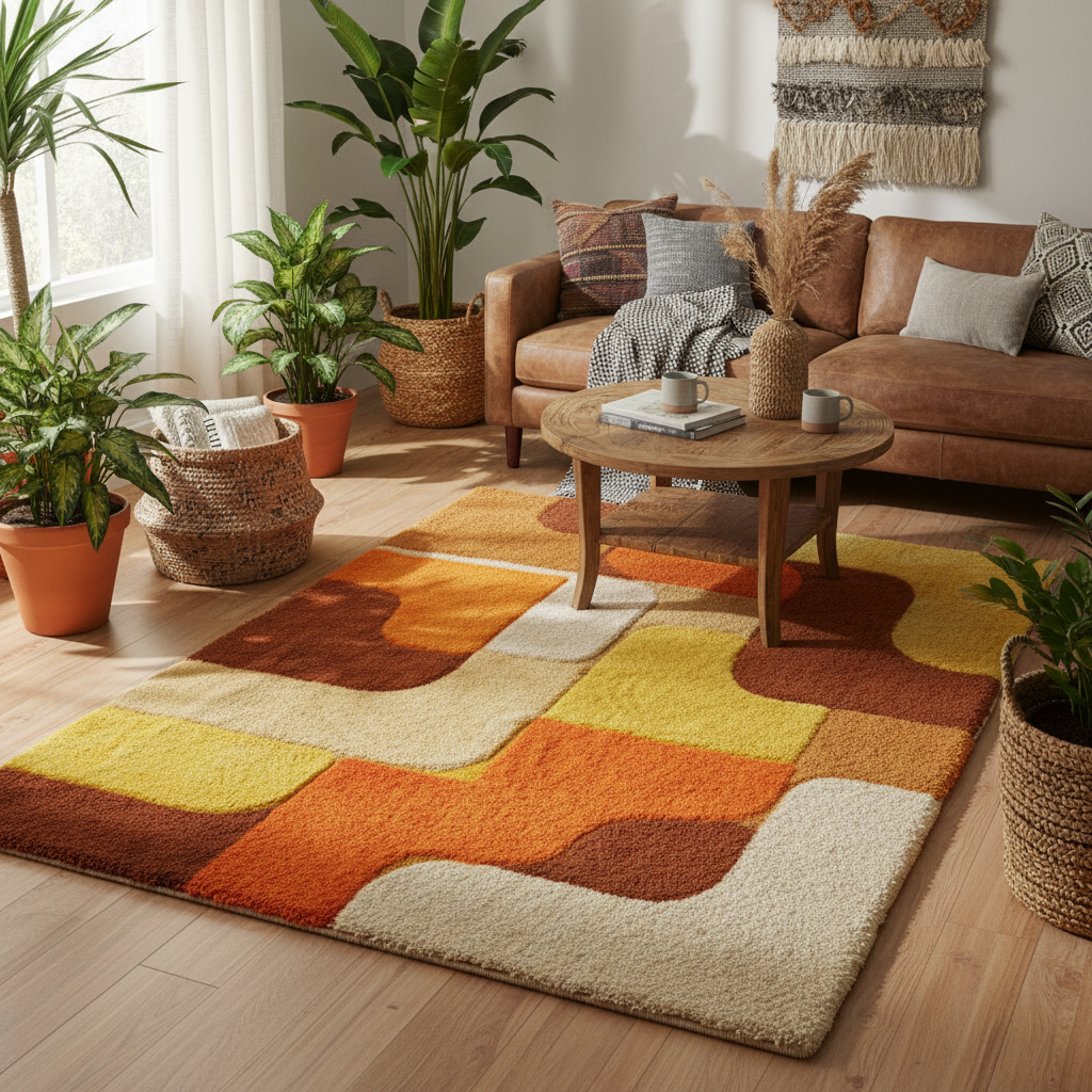 Handmade tufted rug with retro geometric design in warm sunset tones, mid-century wool area rug