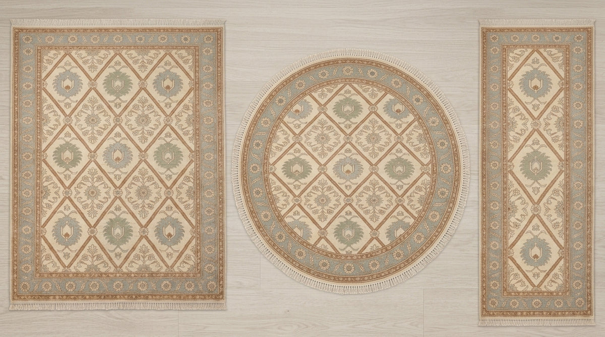 Ivory Garden Lattice Hand Knotted Wool Rug, Floral Powder Blue Border