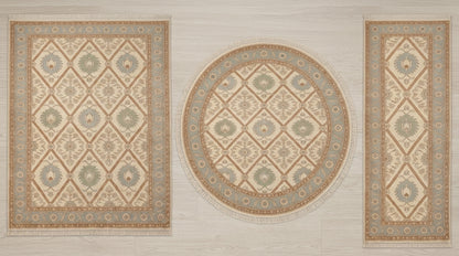 Ivory Garden Lattice Hand Knotted Wool Rug, Floral Powder Blue Border