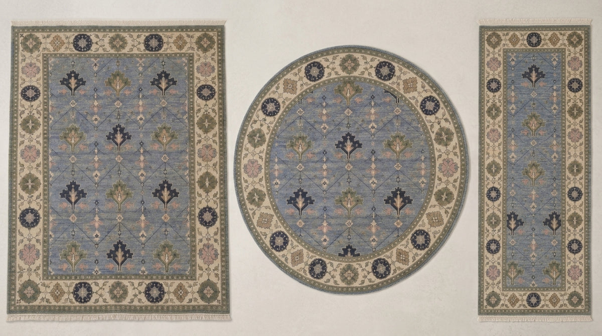 Cornflower Blue Geometric Hand Knotted Wool Rug, Tree Motif Ivory Sage Border