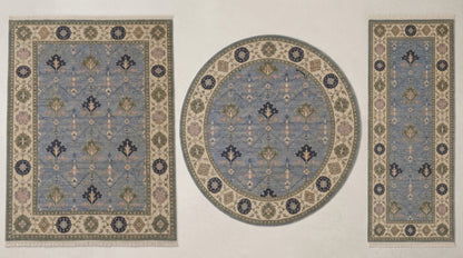 Cornflower Blue Geometric Hand Knotted Wool Rug, Tree Motif Ivory Sage Border