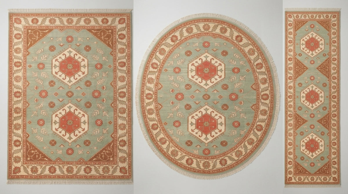 Sage Green Double Medallion Hand Knotted Wool Rug, Kazak Style Coral Ivory Border