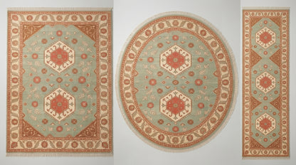 Sage Green Double Medallion Hand Knotted Wool Rug, Kazak Style Coral Ivory Border