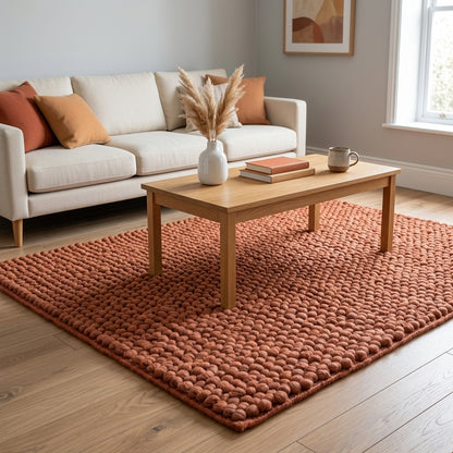 Chunky Wool Rug, Handwoven Pebble Texture Area Rug, Terracotta Rust Carpet, Modern Boho Earthy Decor, Thick Cozy Living Room Floor Rug