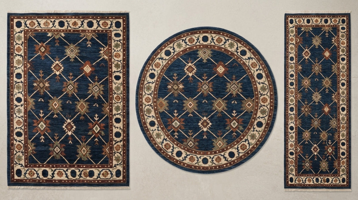 Oushak Hand Knotted Rug in navy wool with ivory lattice, rust and cream star motifs, and ornate borders in three shapes.