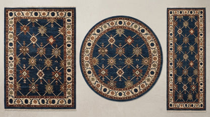 Oushak Hand Knotted Rug in navy wool with ivory lattice, rust and cream star motifs, and ornate borders in three shapes.