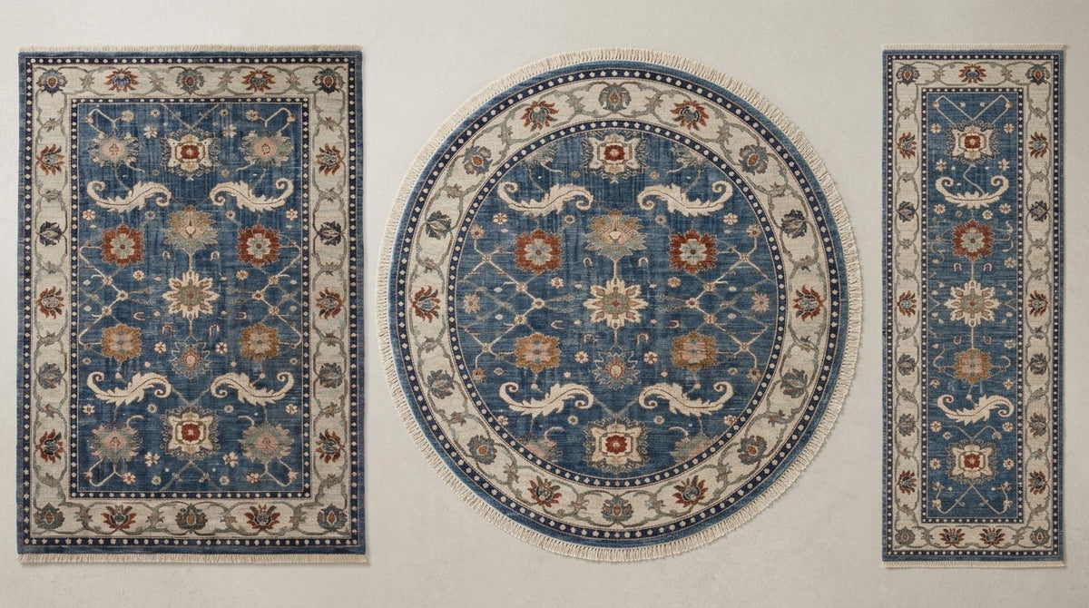 Oushak Hand Knotted Rug in blue wool, with ivory floral borders, rust and gold flowers, shown in rectangular and round shapes.