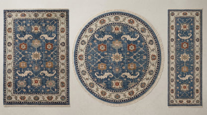 Oushak Hand Knotted Rug in blue wool, with ivory floral borders, rust and gold flowers, shown in rectangular and round shapes.
