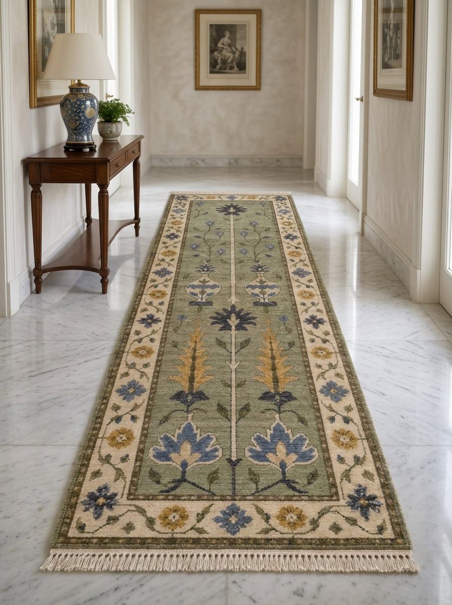 Hand Knotted Oushak Runner Rug in sage green wool, with ivory floral border, blue and mustard motifs, and fringed ends.
