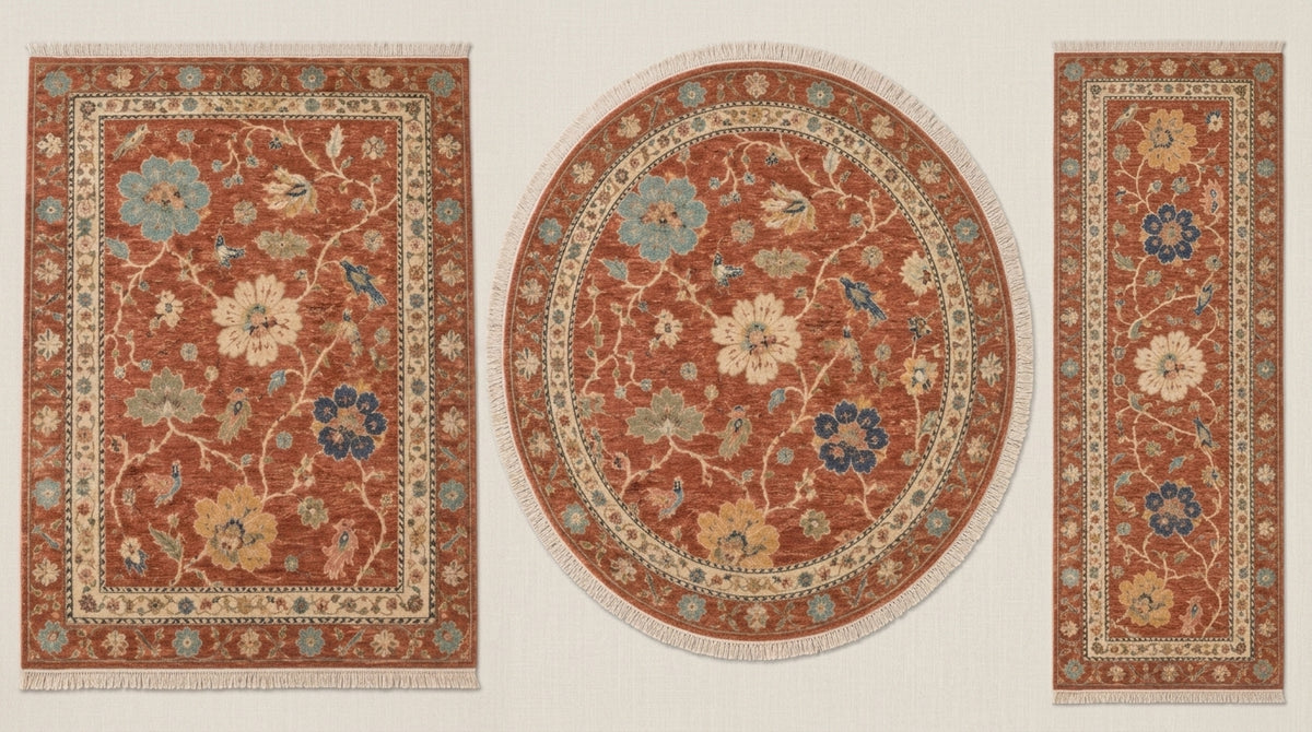 Terracotta Floral Bird Hand Knotted Wool Rug, Oushak Style Ivory Border