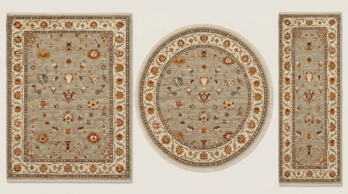 Oushak Hand Knotted Rug in sage gray wool, with rust, gold and ivory floral motifs and a wide ivory border.