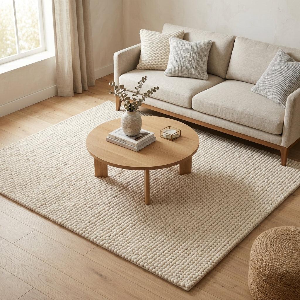 Chunky Wool Rug in ivory cream with a thick, tightly woven loop texture and subtle ribbed rows.