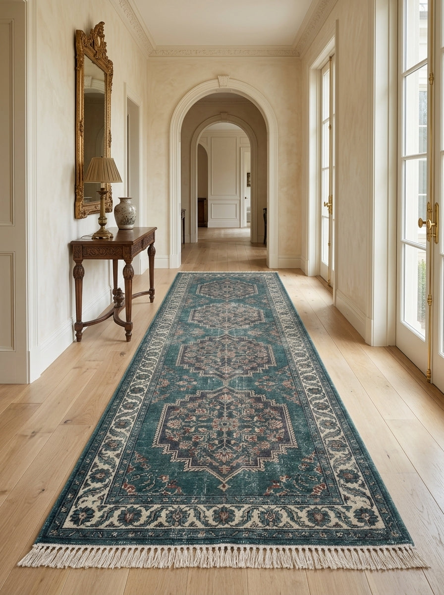 Hand Knotted Oushak Runner Rug in distressed teal wool, with stepped floral medallions, ivory vine border and fringe.
