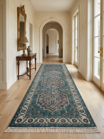 Hand Knotted Oushak Runner Rug in distressed teal wool, with stepped floral medallions, ivory vine border and fringe.