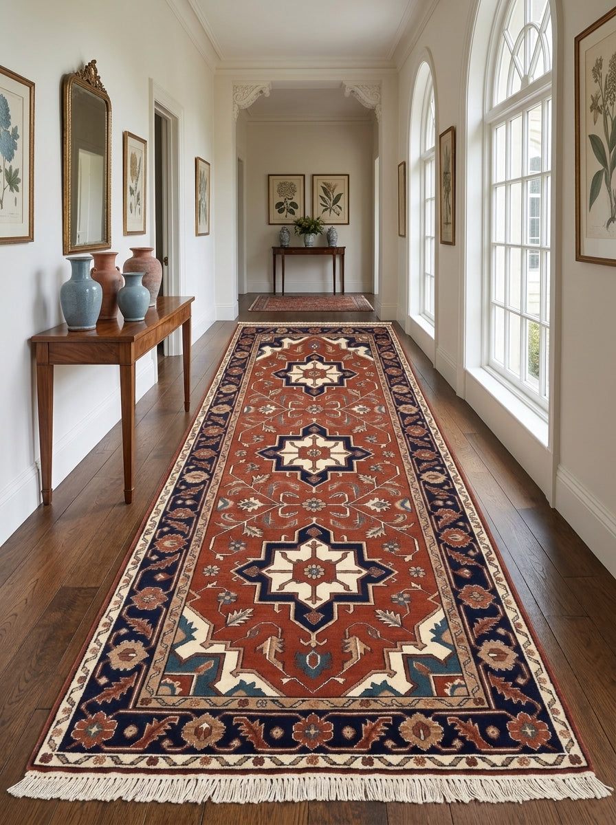 Runner rug, rust red wool with ivory and navy geometric medallions, floral details, deep navy border and fringe; Hand Knotted Oushak Runner Rug