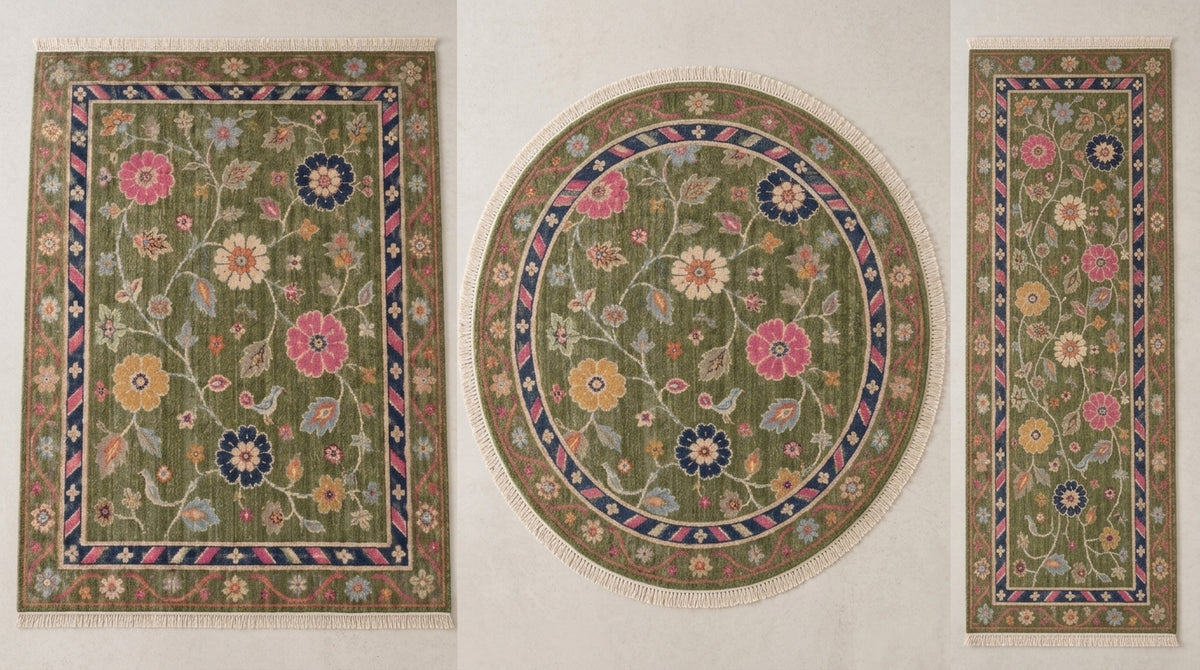 Olive Green Floral Bird Hand Knotted Wool Rug, Folk Garden Pink Navy Border