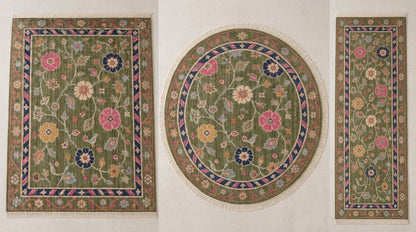 Olive Green Floral Bird Hand Knotted Wool Rug, Folk Garden Pink Navy Border