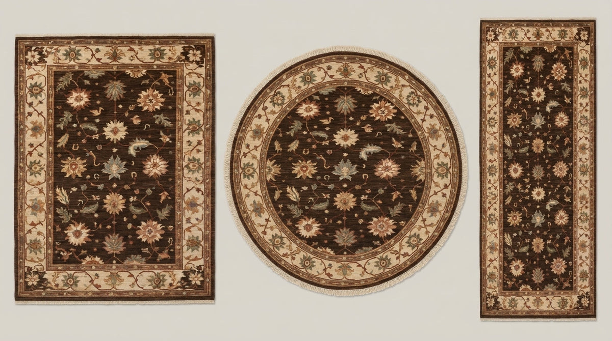 Oushak Hand Knotted Rug in espresso brown wool with floral motifs, beige scrolling borders, shown in rectangular and round shapes.
