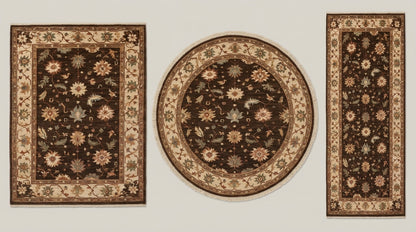 Oushak Hand Knotted Rug in espresso brown wool with floral motifs, beige scrolling borders, shown in rectangular and round shapes.