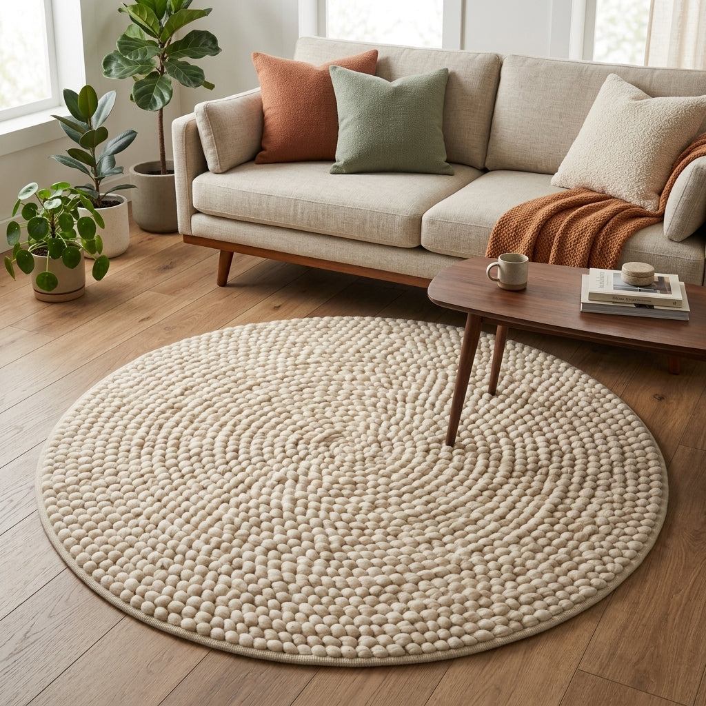 Round Chunky Wool Rug in cream ivory with a thick, handwoven pebble texture arranged in concentric spirals and bound edges.