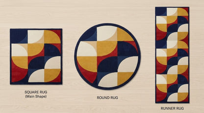 Handmade Retro Rug in navy, red, mustard and ivory, with geometric quarter-circle blocks and a navy border.