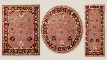 Oushak Hand Knotted Rug in dusty rose wool with scattered multicolour florals and a deep burgundy floral border.