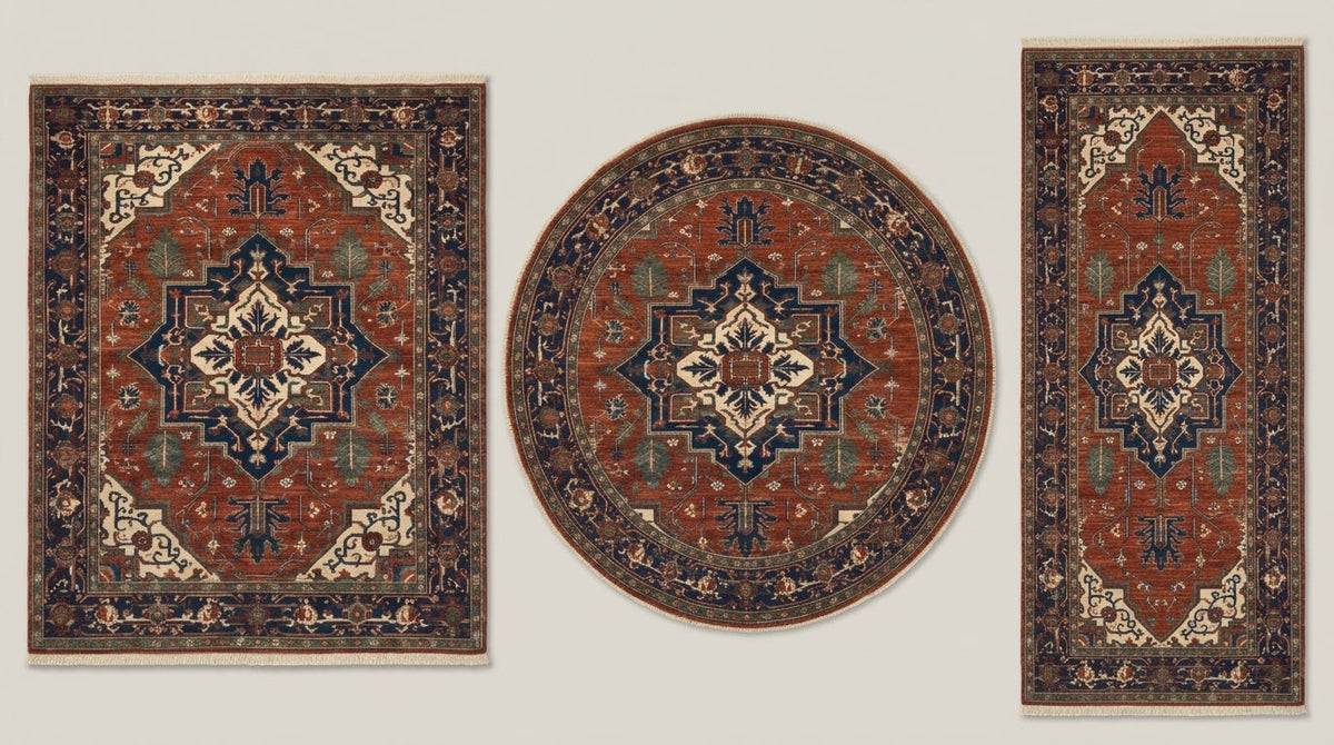Heriz Hand Knotted Wool Rug in rust red, navy and ivory, with geometric medallions and ornate borders.