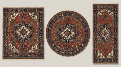 Heriz Hand Knotted Wool Rug in rust red, navy and ivory, with geometric medallions and ornate borders.