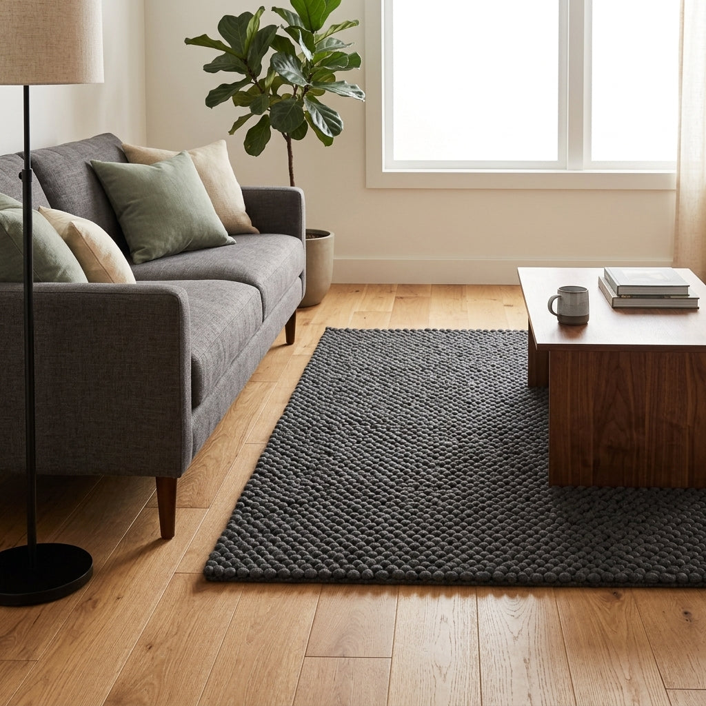 Chunky Wool Rug, Handwoven Pebble Texture Area Rug, Charcoal Gray Carpet, Modern Minimalist Scandinavian Decor, Thick Cozy Living Room Floor Rug