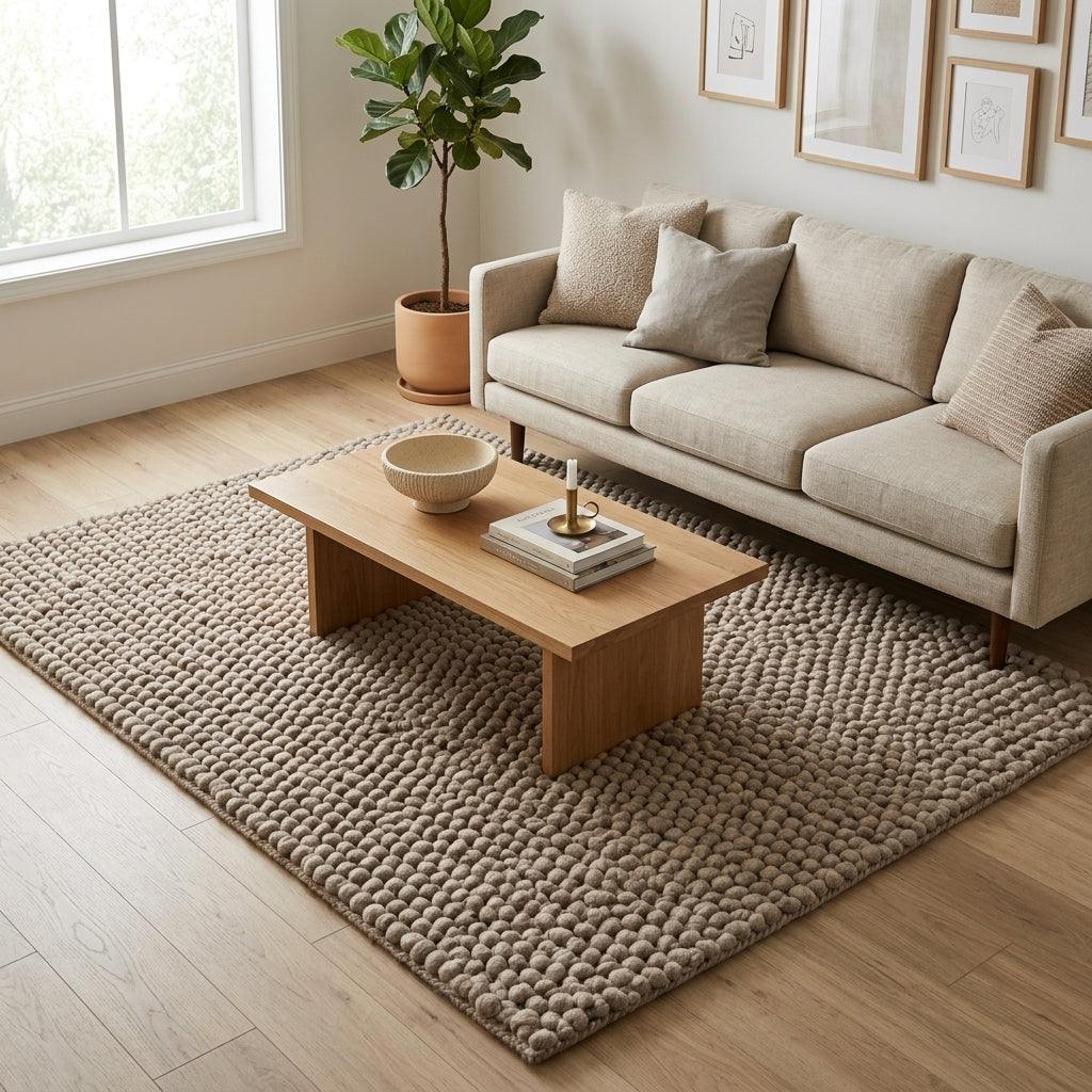 Chunky Wool Rug in taupe greige, with a thick handwoven pebble-knot texture and softly rounded raised loops.