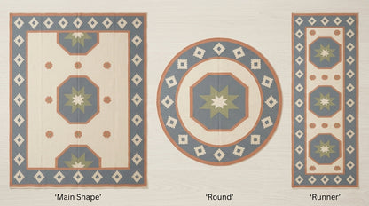 Southwestern Flatweave Wool Rug in ivory, dusty blue, peach and sage, with star medallions and stepped diamond border.