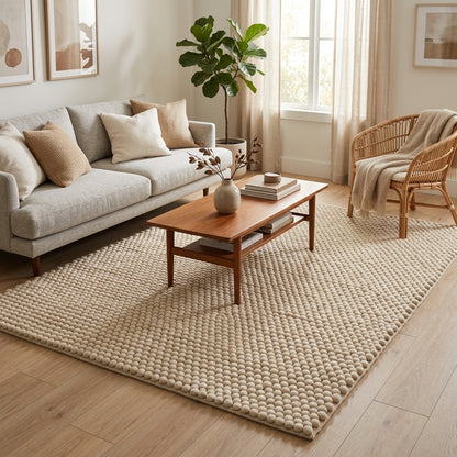 Chunky Wool Rug, Handwoven Felt Ball Pebble Area Rug, Ivory White Carpet, Modern Scandinavian Japandi Decor, Thick Cozy Living Room Floor Rug