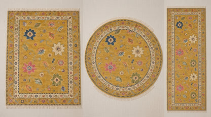 Mustard Yellow Floral Hand Knotted Wool Rug, Oushak Style Ivory Border