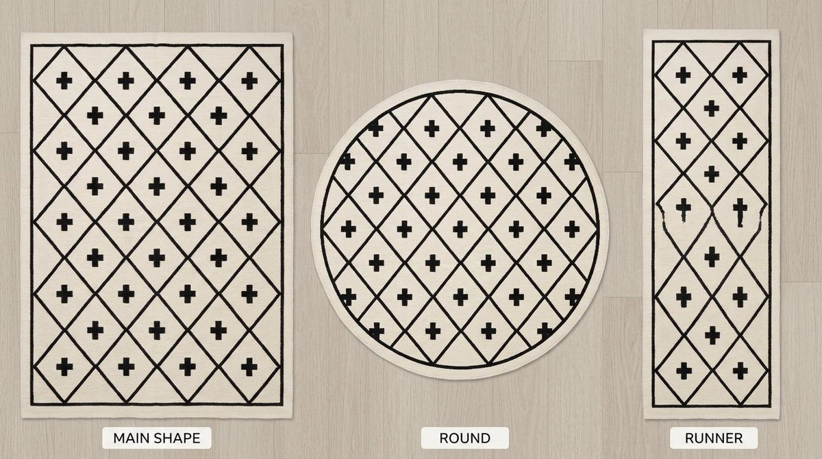 Southwestern Flatweave Wool Rug in black and ivory, with a diamond lattice and Swiss cross motifs in rectangular, round and runner shapes.