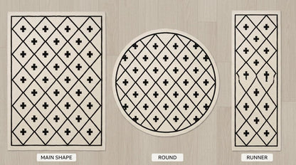 Southwestern Flatweave Wool Rug in black and ivory, with a diamond lattice and Swiss cross motifs in rectangular, round and runner shapes.